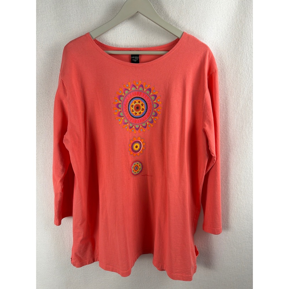 Sabaku Artwear Circles Mandala Graphic T-Shirt Coral Pink 3/4 Sleeve Large USA